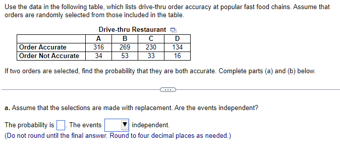 Use the data in the following table, which lists drive-thru order accuracy