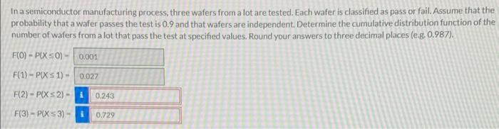 In a semiconductor manufacturing process, three wafers from a lot are tested.