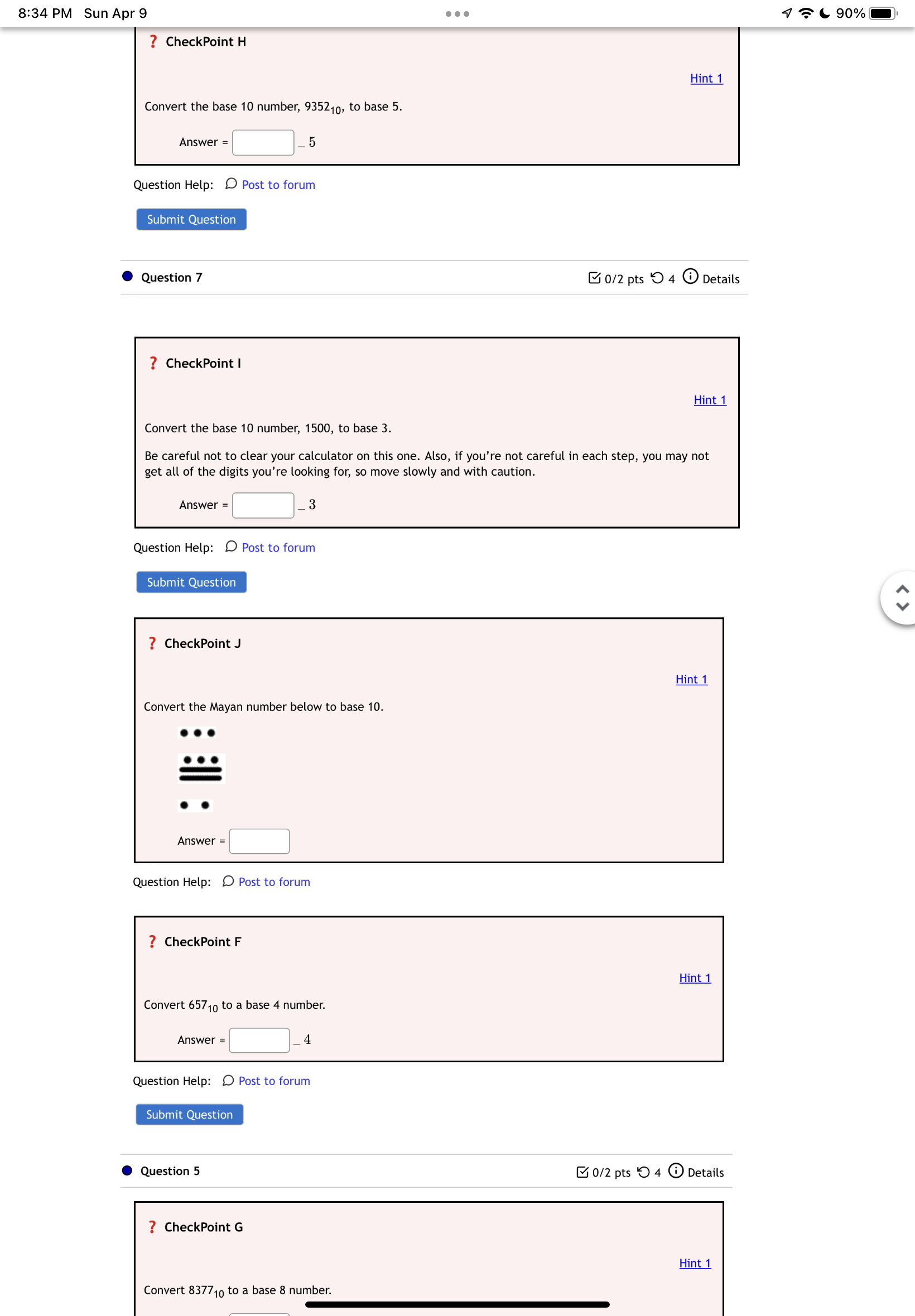 8:34 PM Sun Apr 9 ? CheckPoint H Convert the base 10