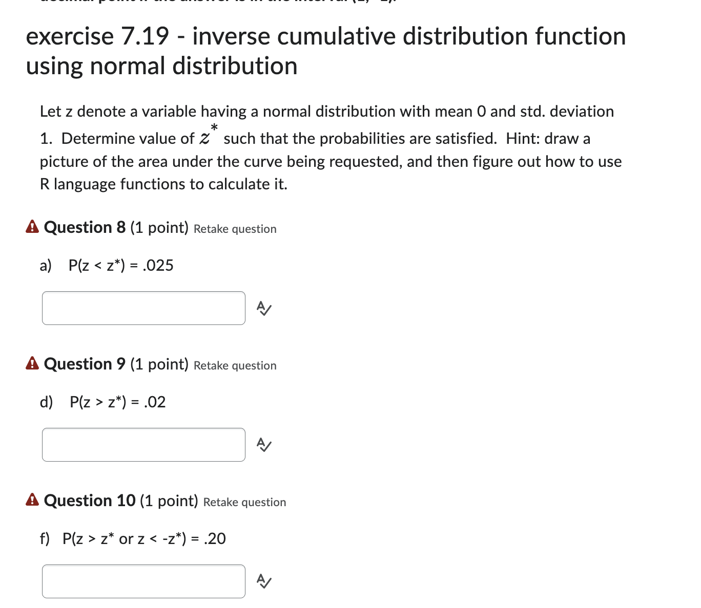 exercise 7.19 - inverse cumulative distribution function using normal distribution Let z