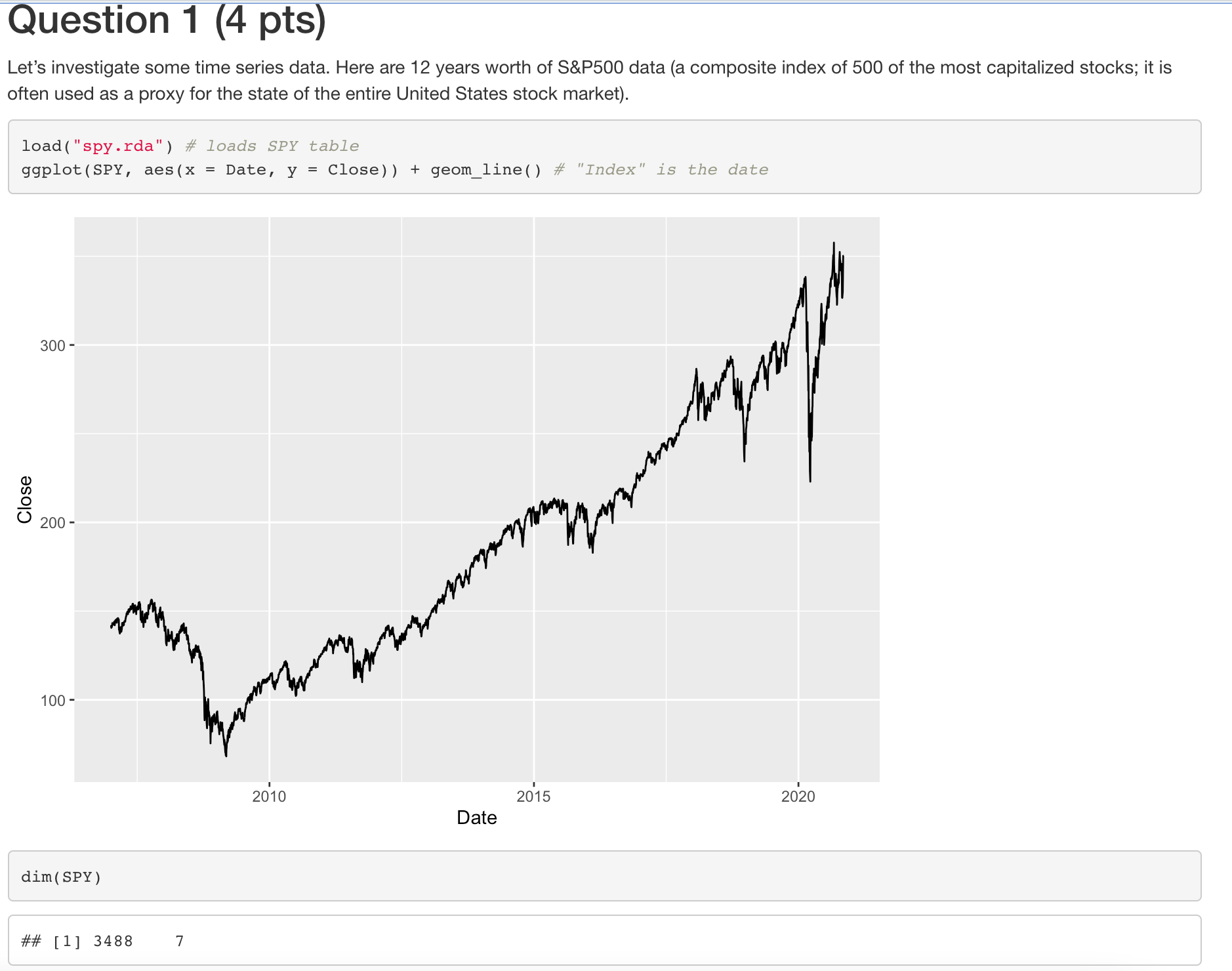Close Question 1 (4 pts) Let's investigate some time series data. Here