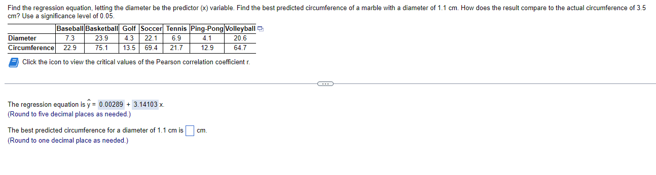 Find the regression equation, letting the diameter be the predictor (x) variable.