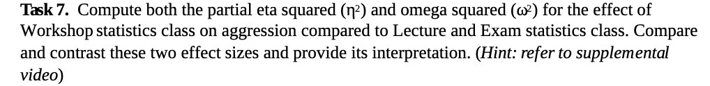 Task 7. Compute both the partial eta squared (n) and omega squared