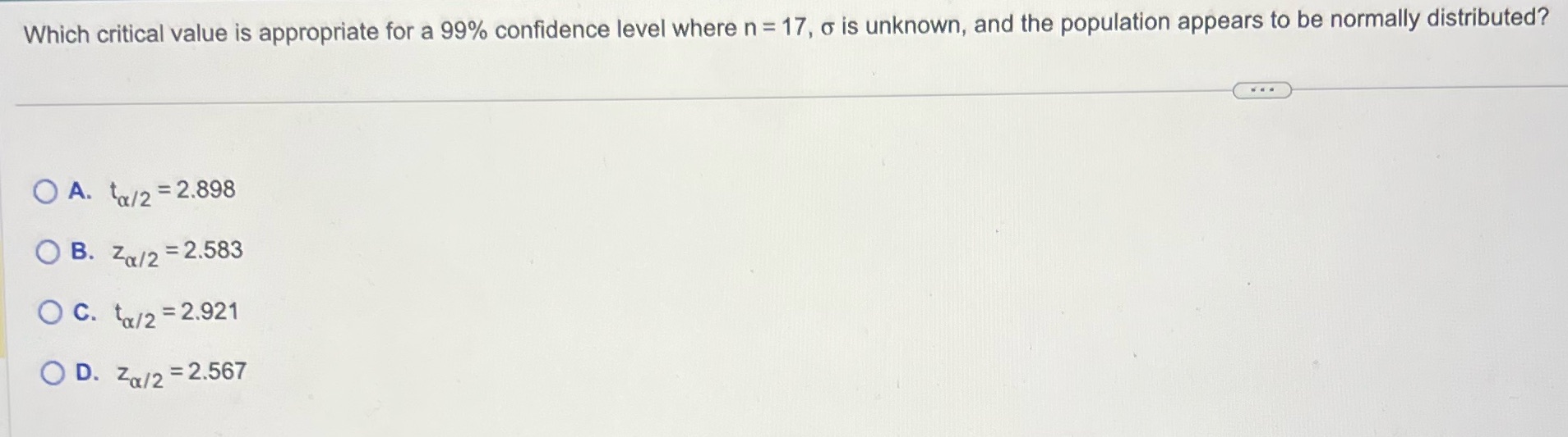 Which critical value is appropriate for a 99% confidence level where n