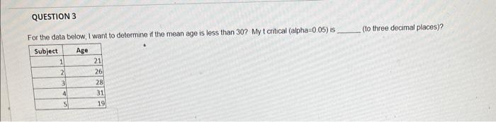QUESTION 3 For the data below, I want to determine if the