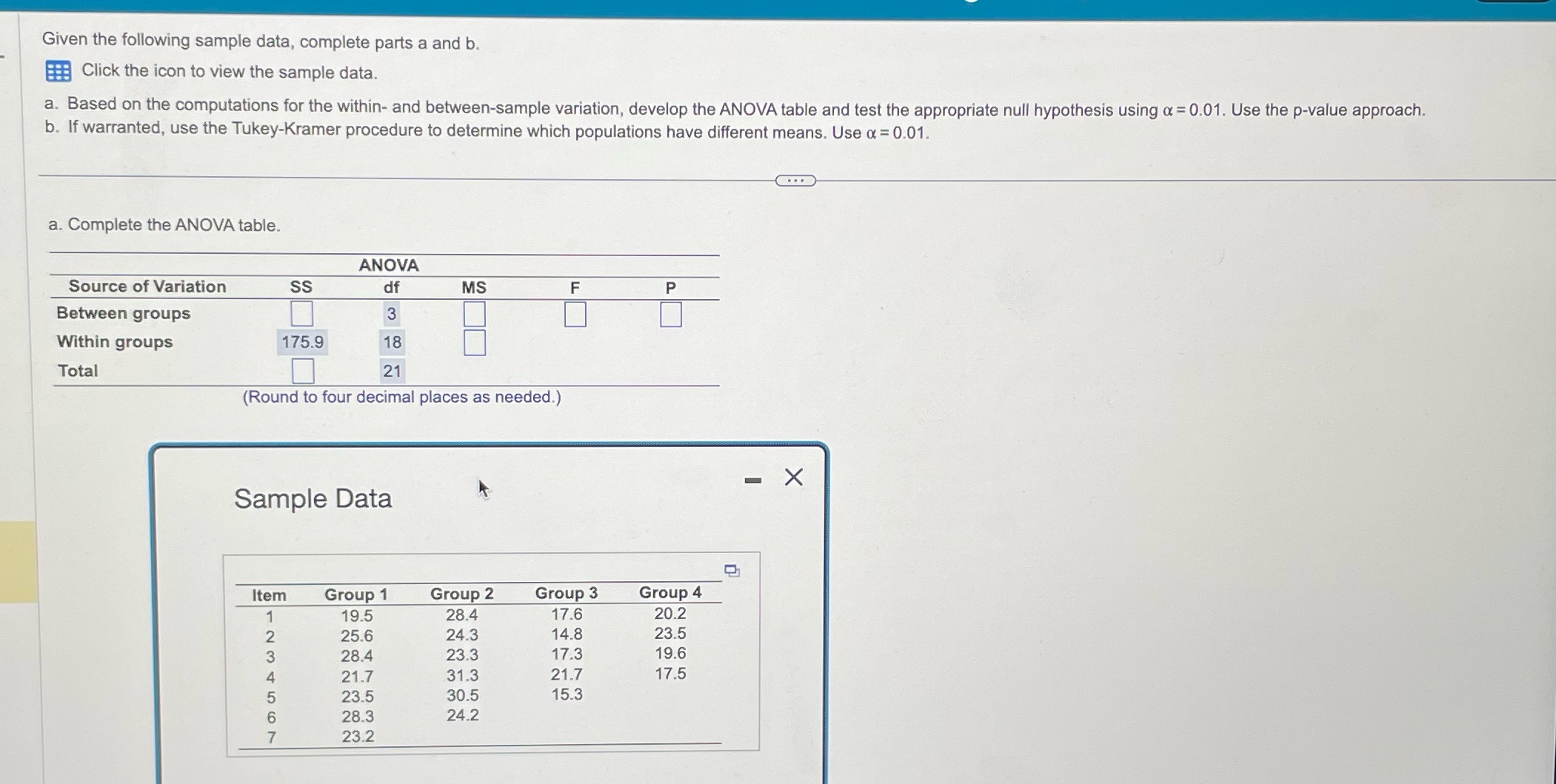 Given the following sample data, complete parts a and b. Click the
