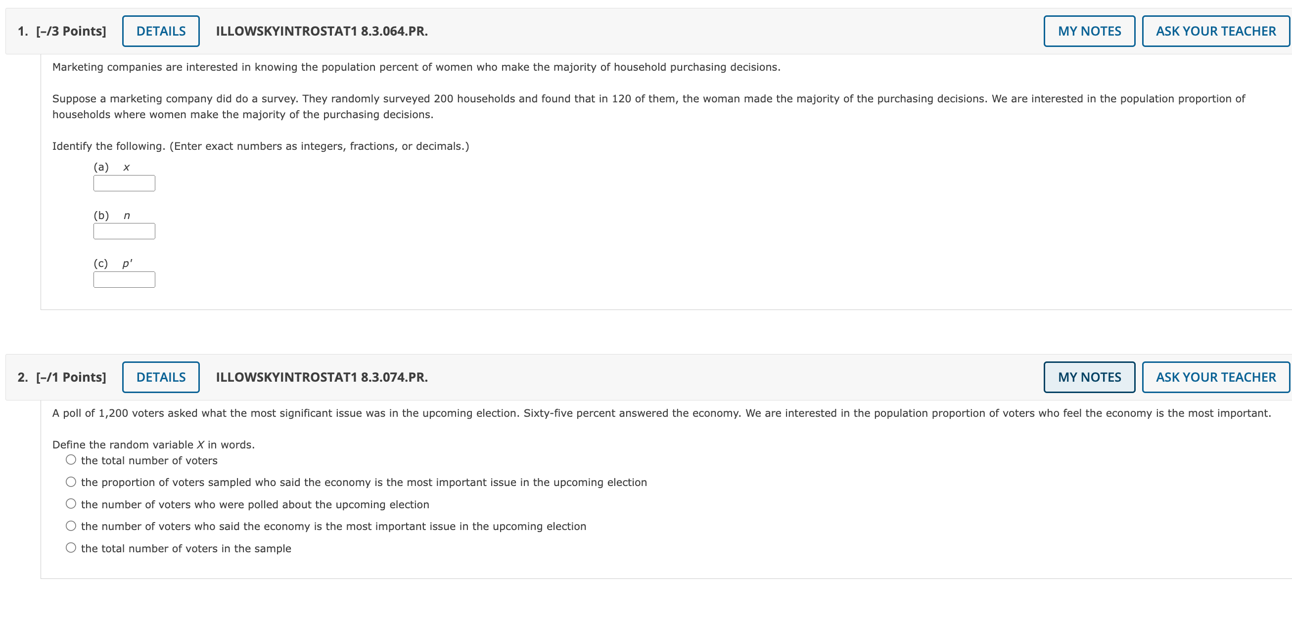 1. [-/3 Points] DETAILS ILLOWSKYINTROSTAT1 8.3.064.PR. MY NOTES ASK YOUR TEACHER Marketing