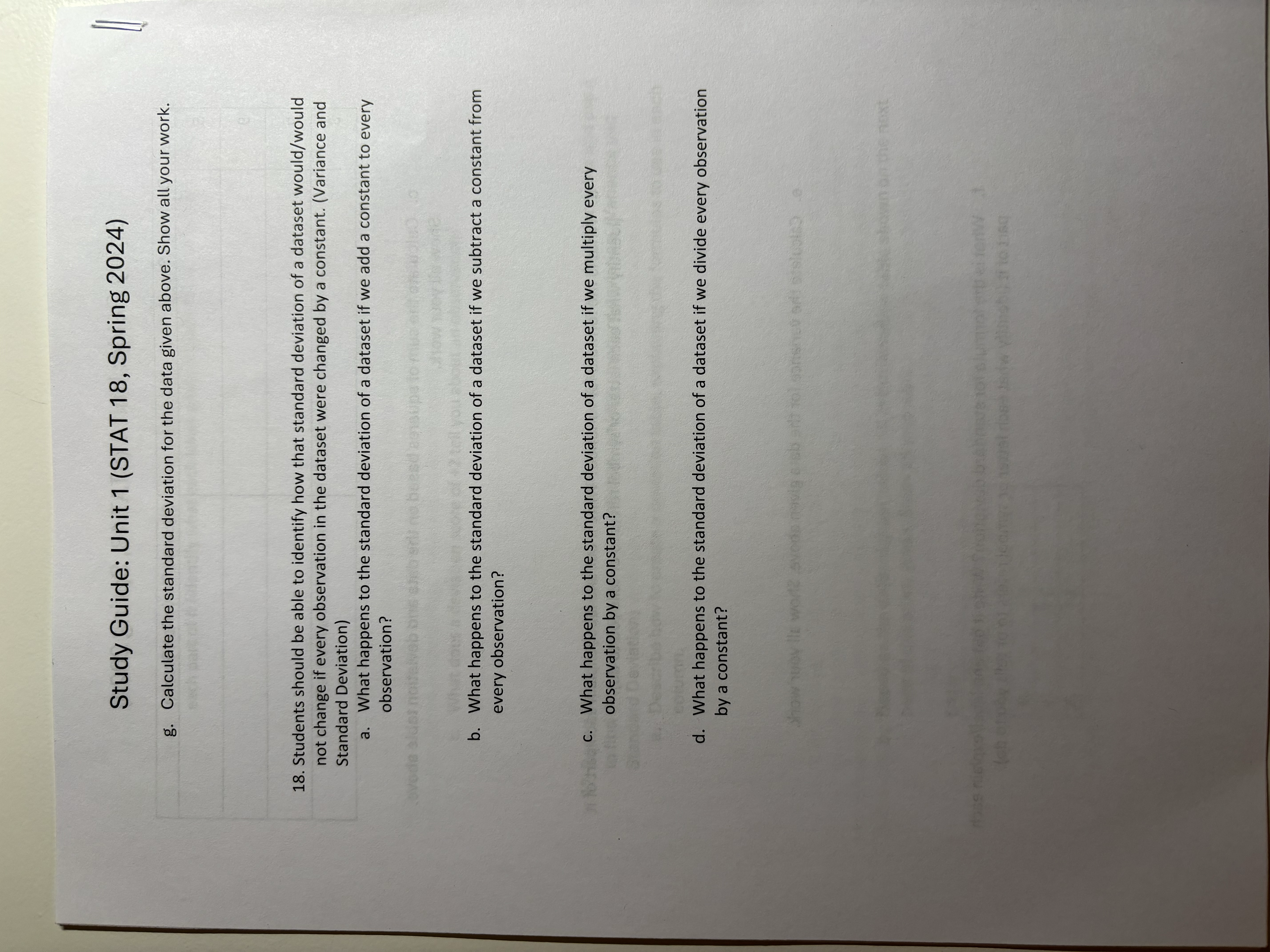 Study Guide: Unit 1 (STAT 18, Spring 2024) g. Calculate the standard