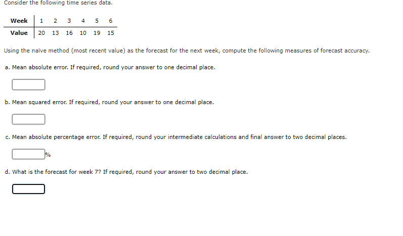 Consider the following time series data. Week 1 2 3 3 4