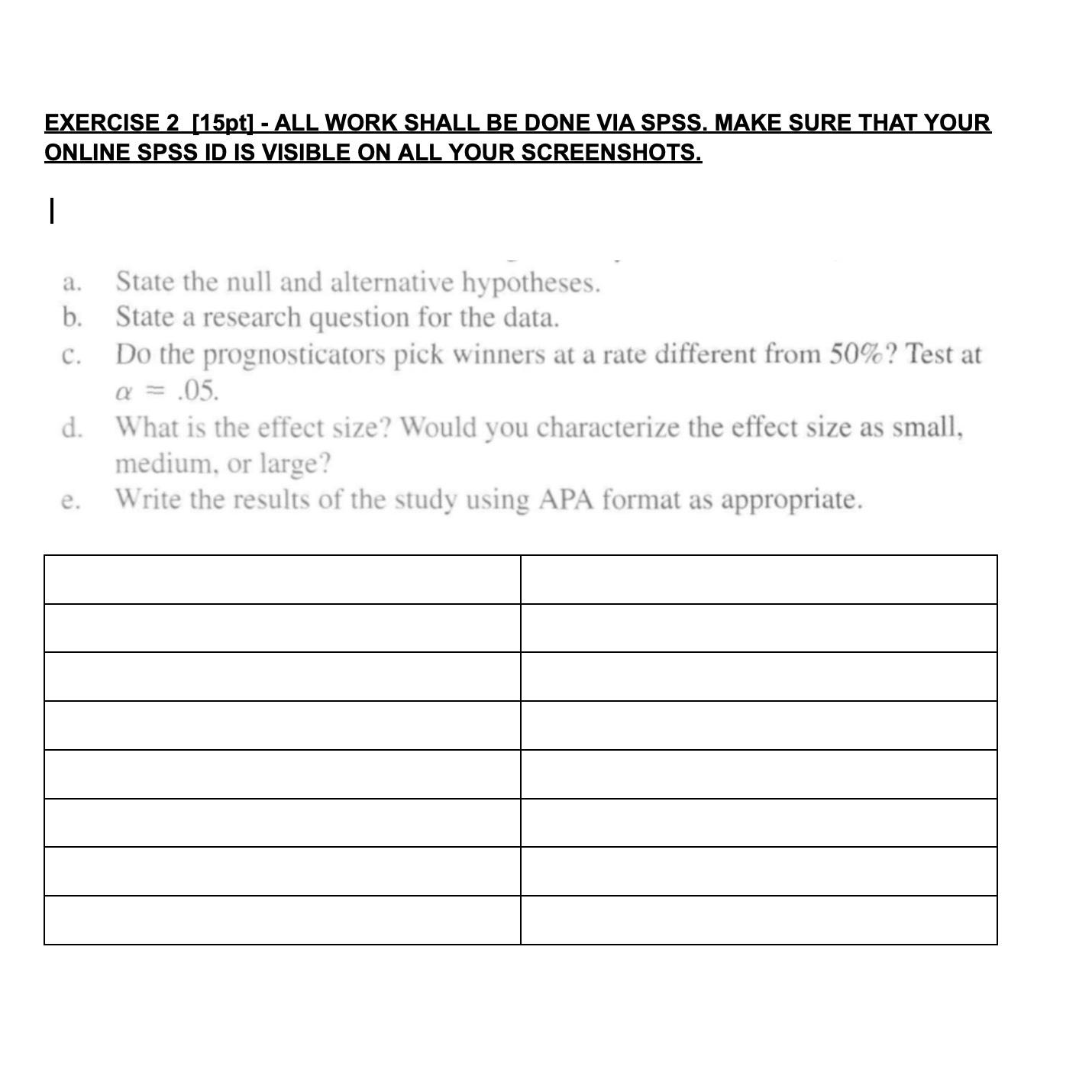 EXERCISE 2 [15pt] - ALL WORK SHALL BE DONE VIA SPSS. MAKE