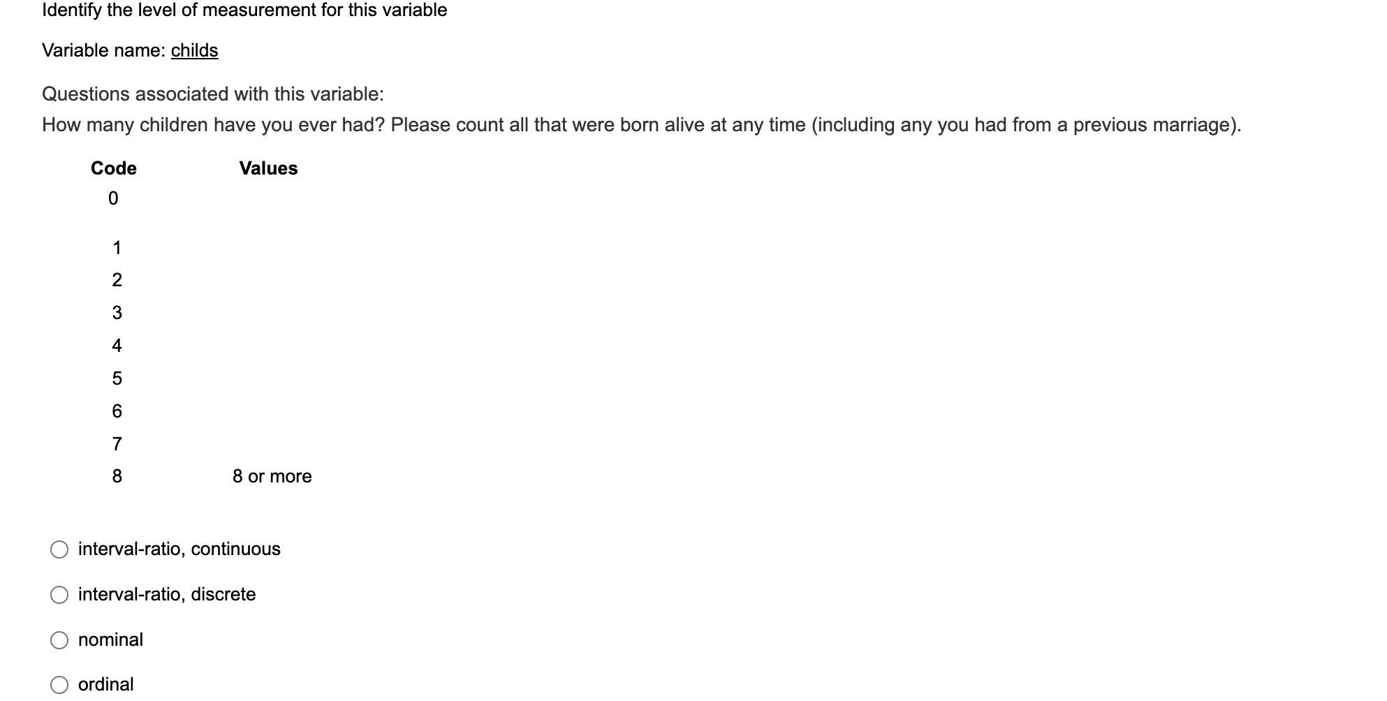 Identify the level of measurement for this variable Variable name: childs Questions