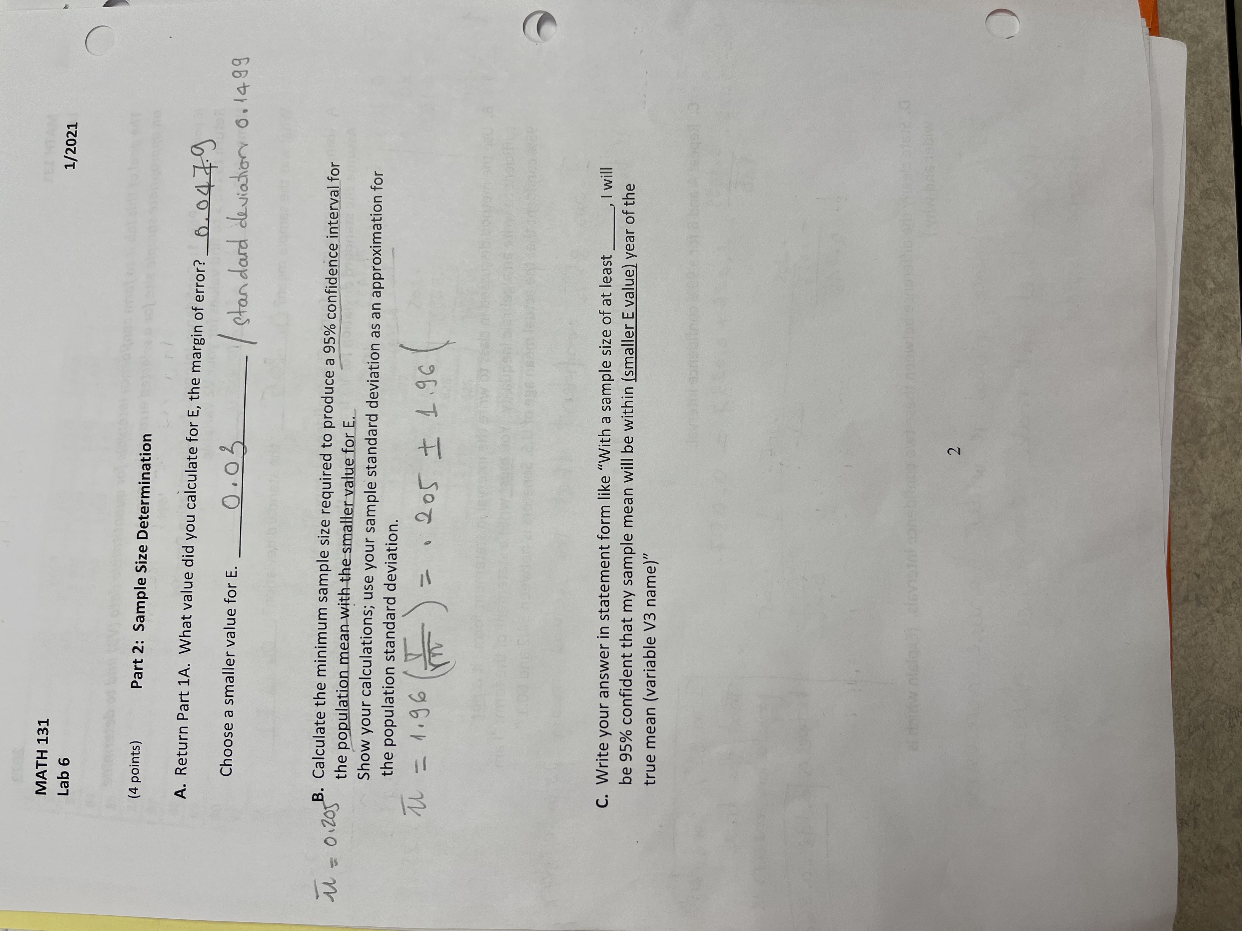 MATH 131 Lab 6 (4 points) Part 2: Sample Size Determination 1/2021