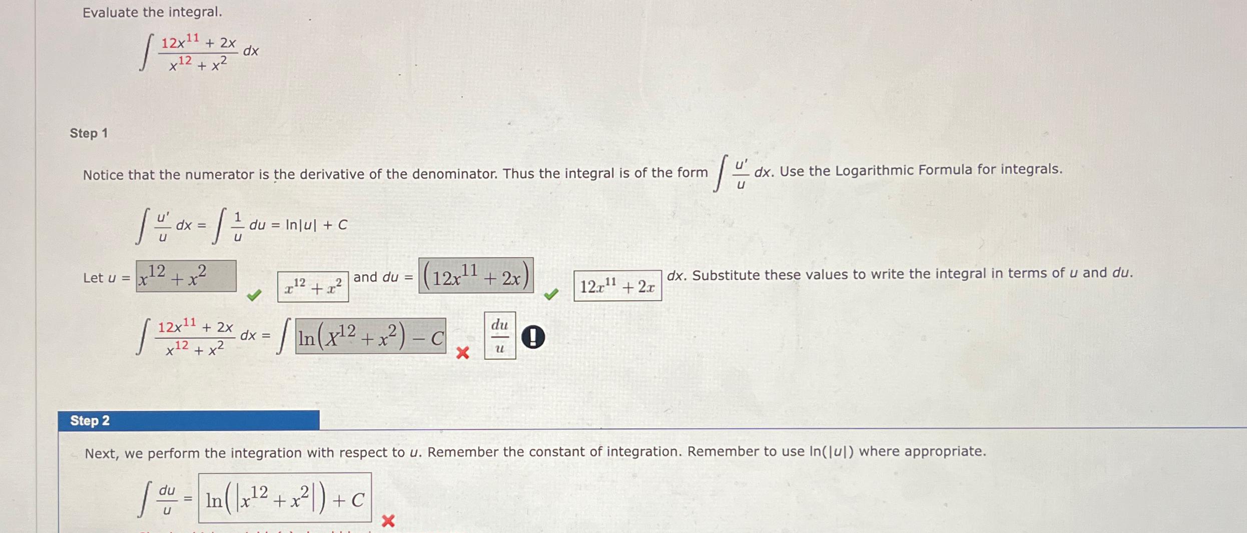 Evaluate the integral. 12x11 + 2x x12 + x / 12X dx