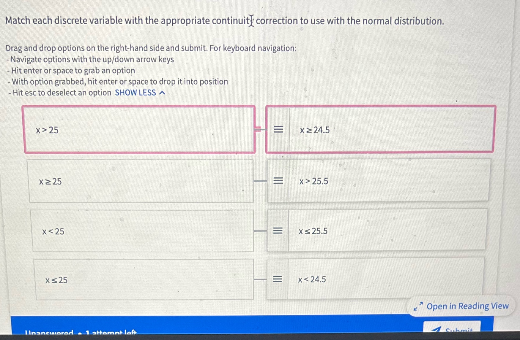 Match each discrete variable with the appropriate continuity correction to use with