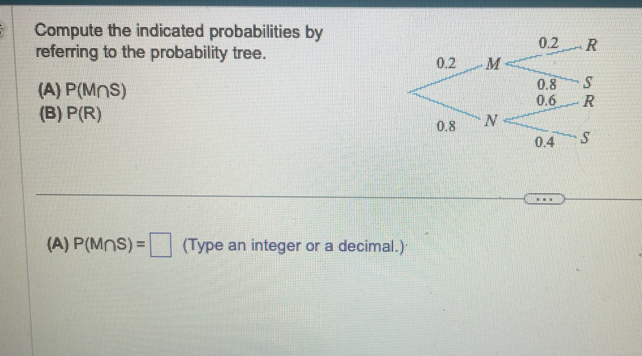 Compute the indicated probabilities by referring to the probability tree. (A) P(MNS)