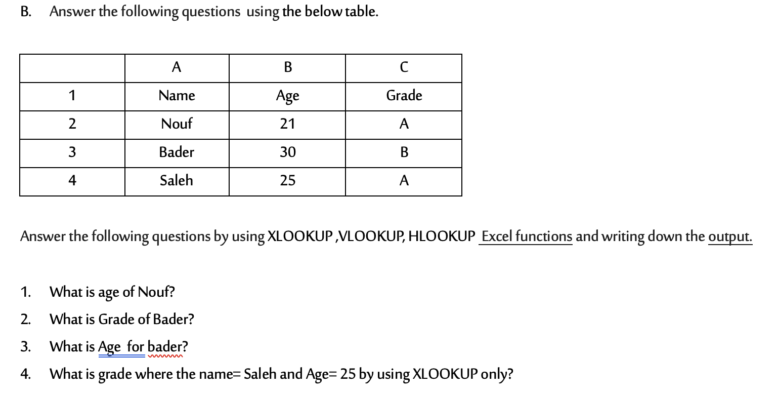 B. Answer the following questions using the below table. A B 1