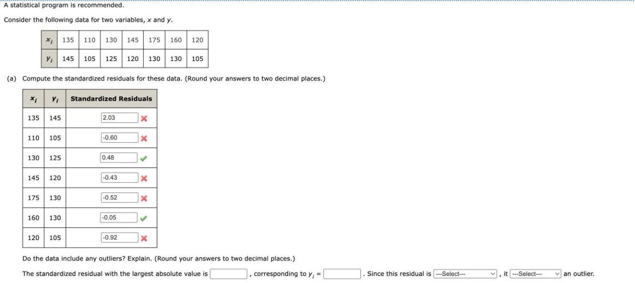 A statistical program is recommended. Consider the following data for two variables,
