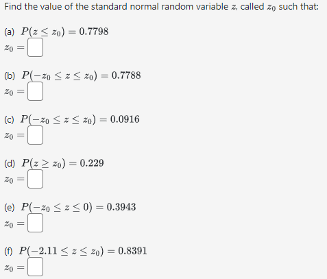 Find the value of the standard normal random variable z, called zo