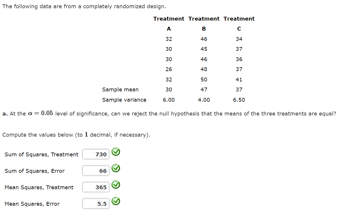The following data are from a completely randomized design. Treatment Treatment Treatment