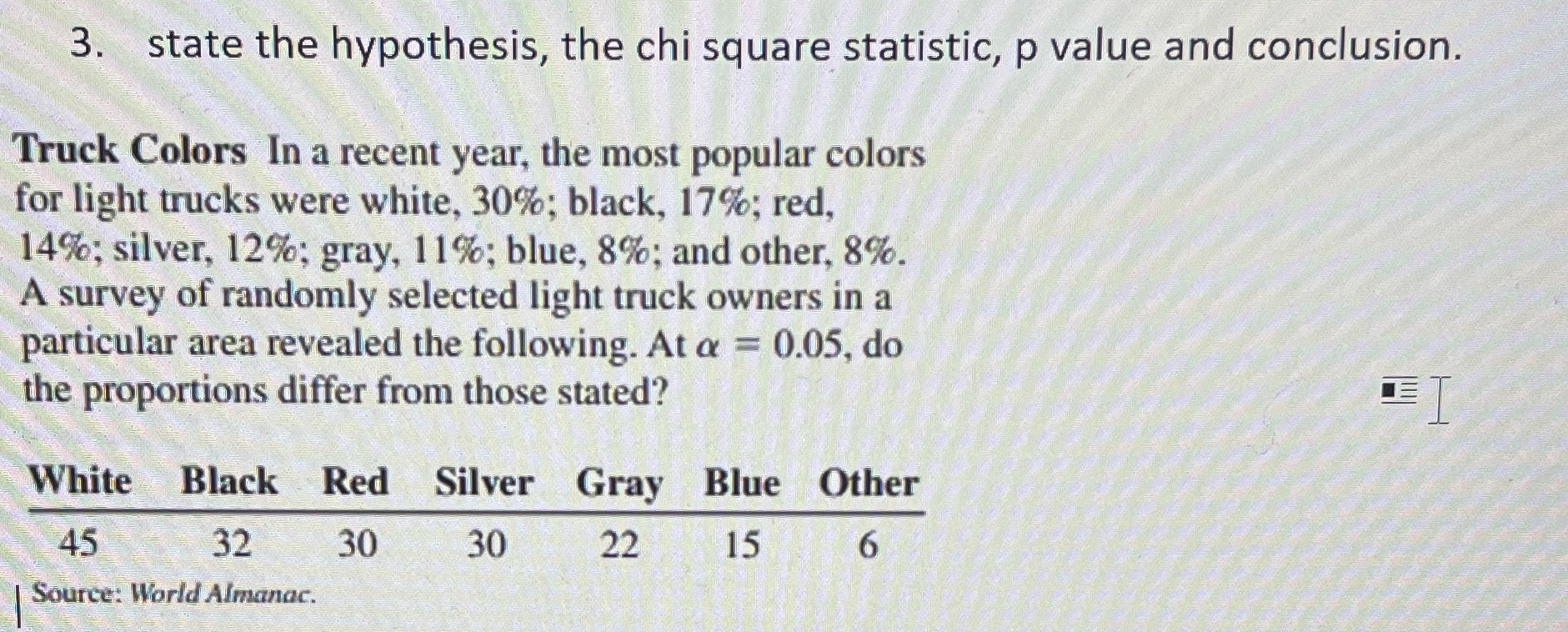 3. state the hypothesis, the chi square statistic, p value and conclusion.