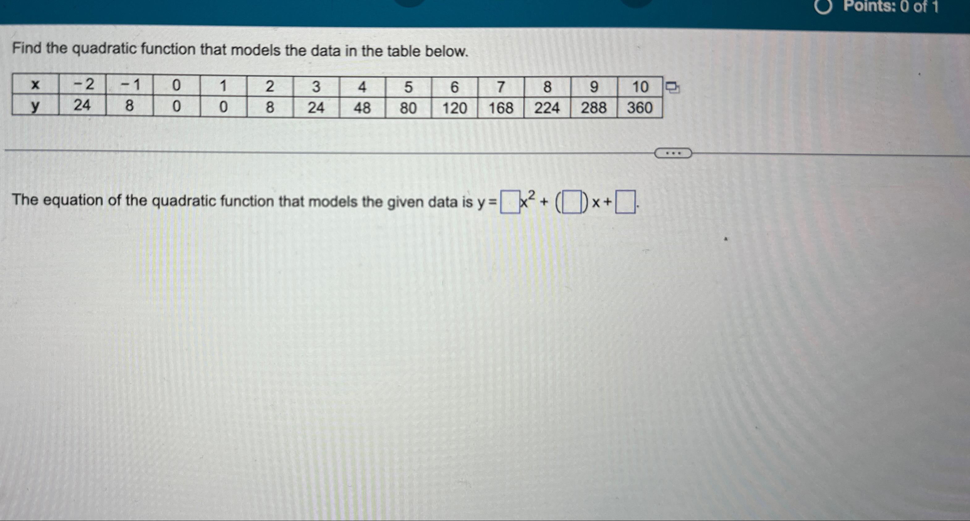 Find the quadratic function that models the data in the table below.
