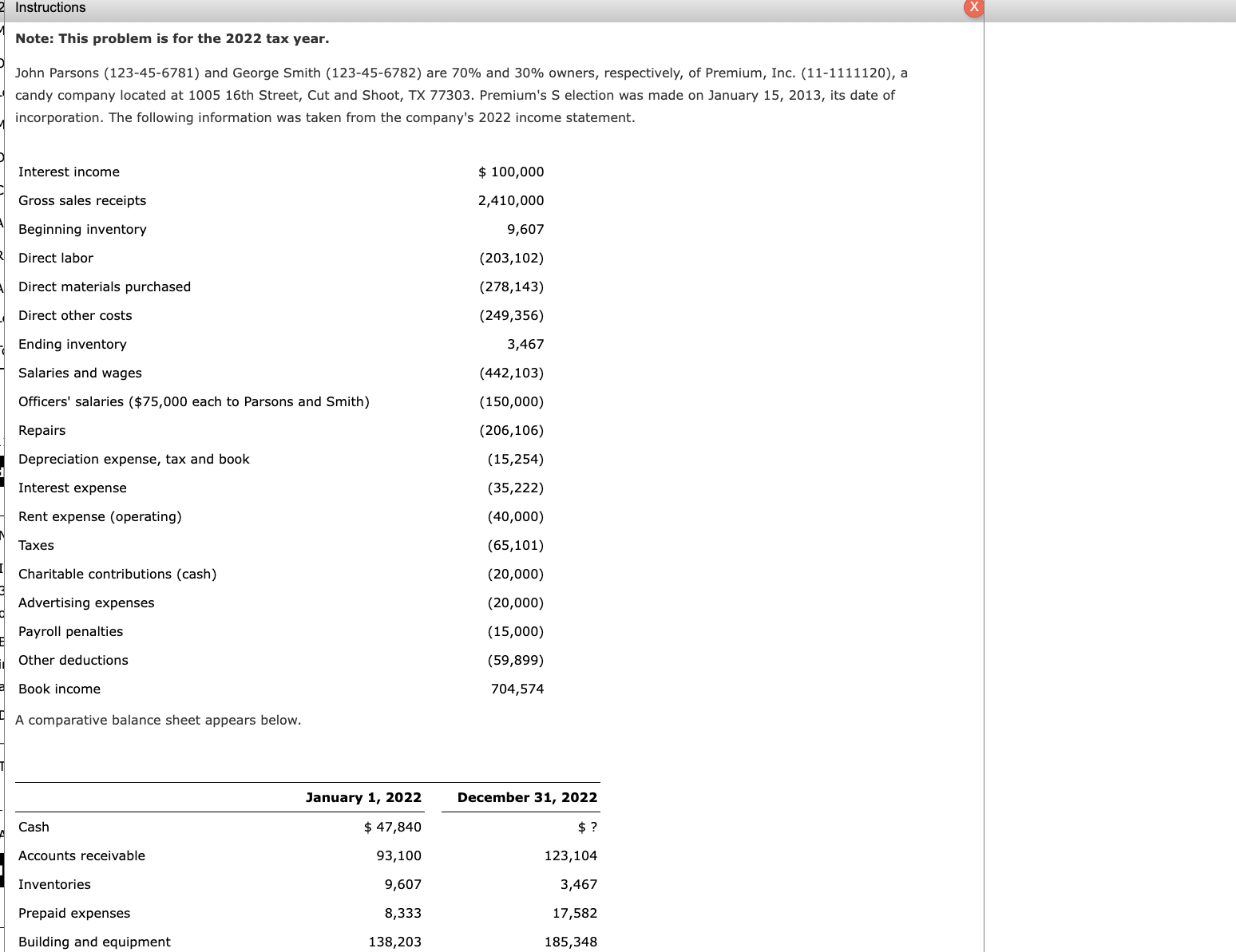 Instructions Note: This problem is for the 2022 tax year. John Parsons