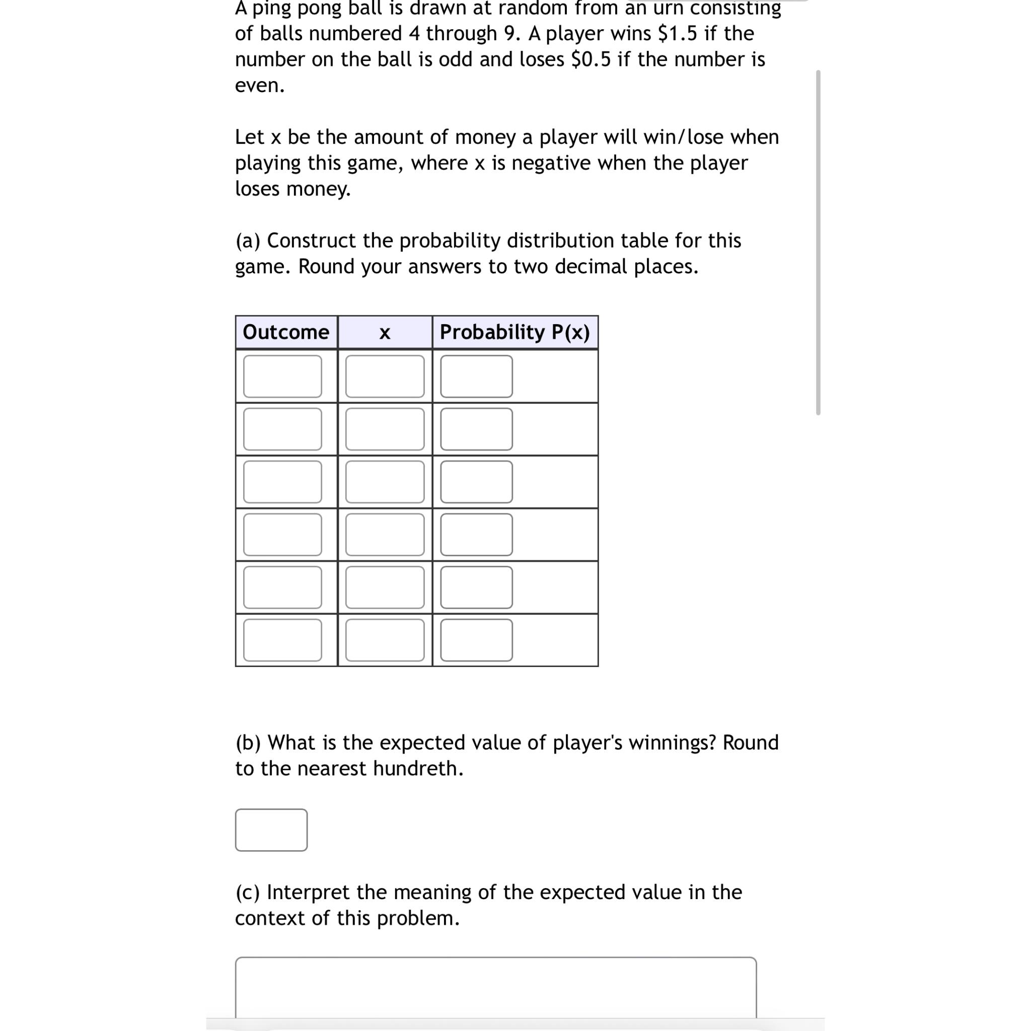 A ping pong ball is drawn at random from an urn consisting