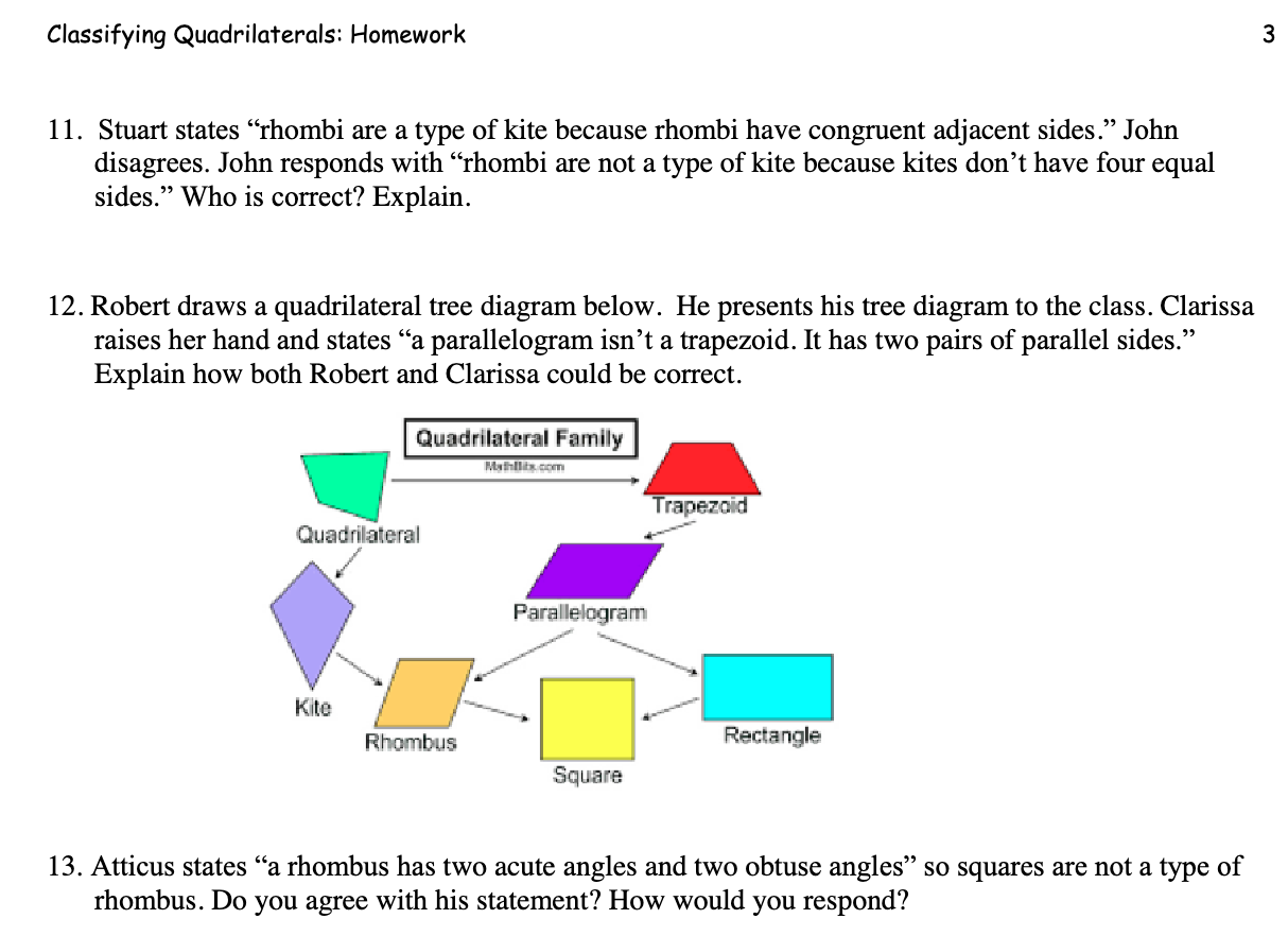 Classifying Quadrilaterals: Homework 11. Stuart states "rhombi are a type of kite