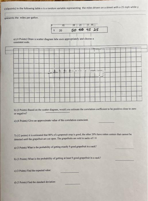 (10points) In the following table x is a random variable representing the
