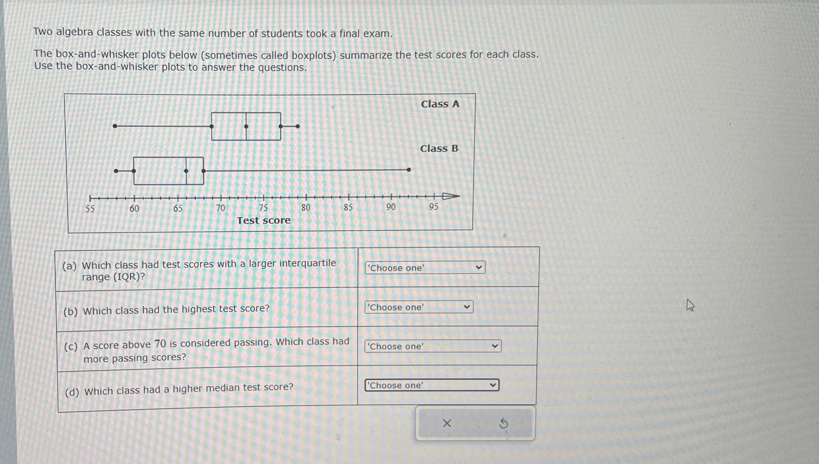 Two algebra classes with the same number of students took a final