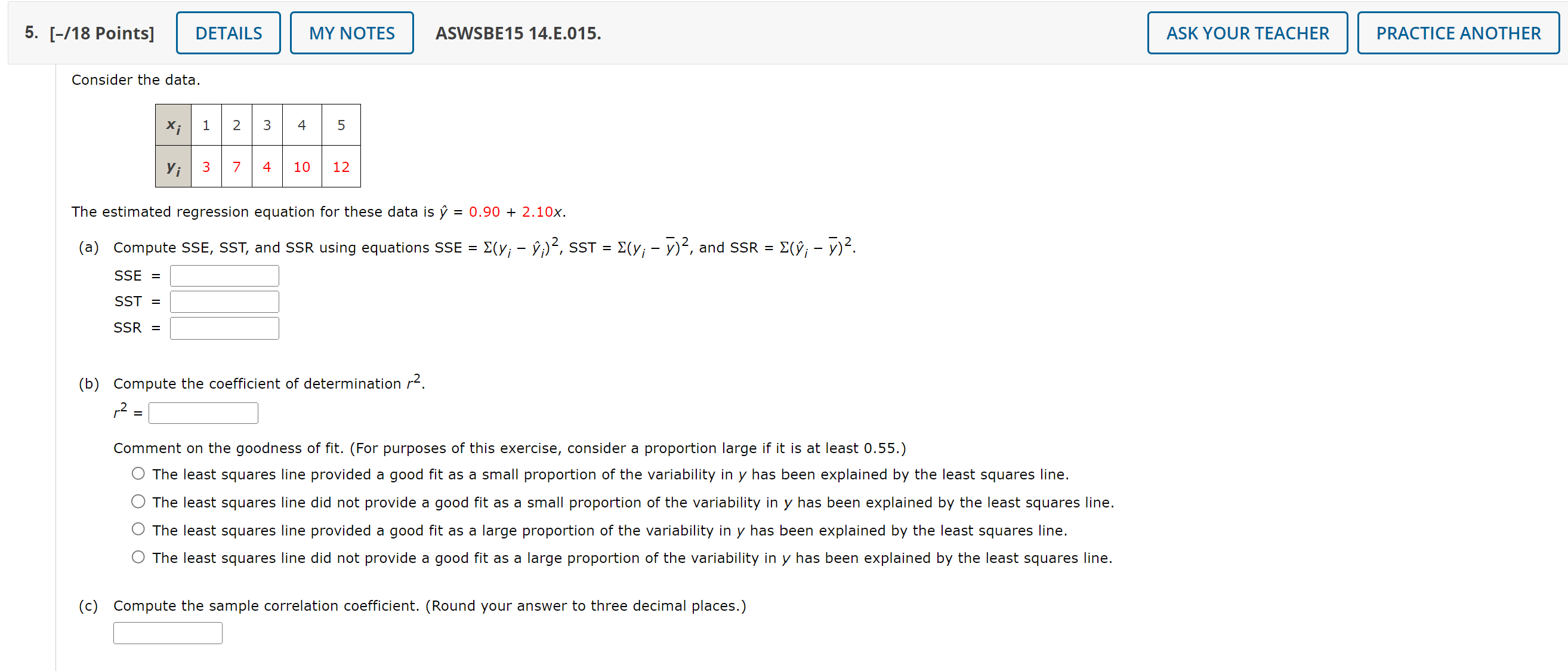 5. [-/18 Points] Consider the data. DETAILS MY NOTES ASWSBE15 14.E.015. x;