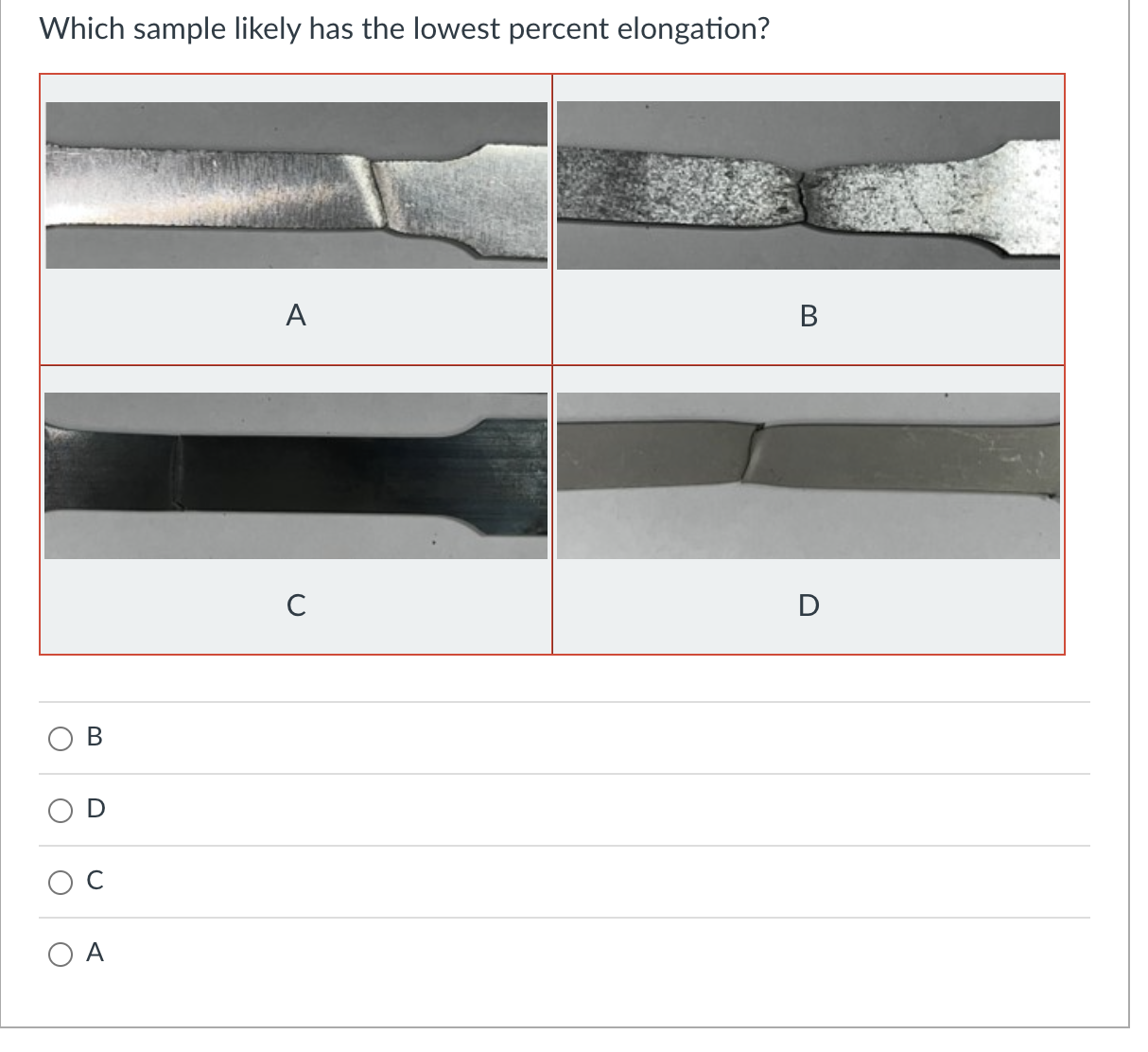 Which sample likely has the lowest percent elongation? B D A B