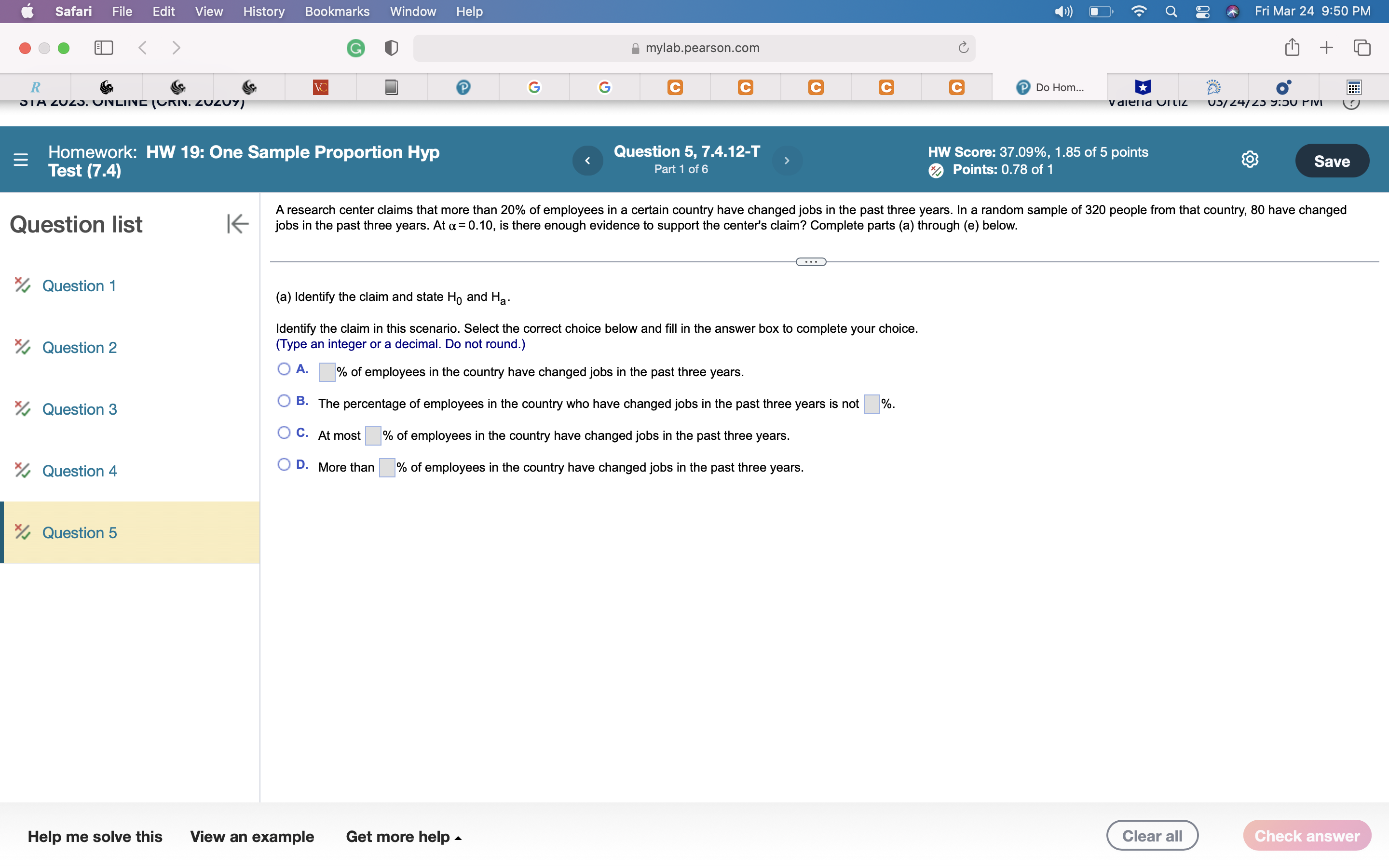 Homewo... Course Hero... V dield CTL12 Homework: HW 19: One Sample Proportion