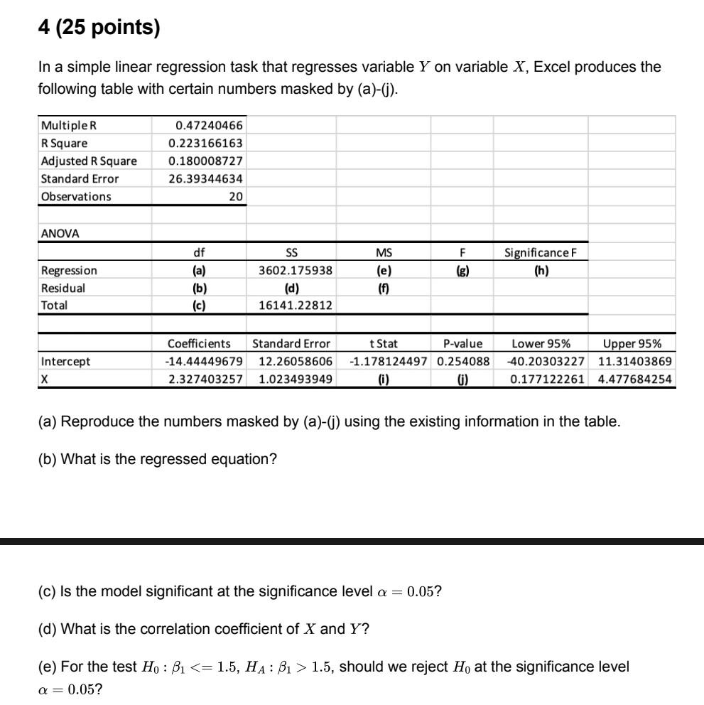 4 (25 points) In a simple linear regression task that regresses variable