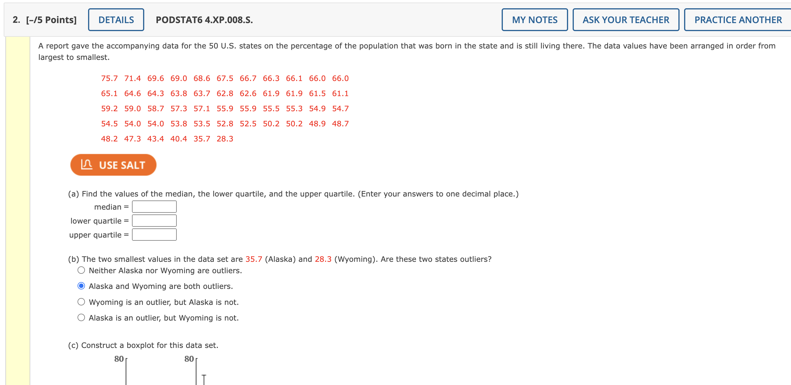 2. [-/5 Points] DETAILS PODSTAT6 4.XP.008.S. MY NOTES ASK YOUR TEACHER PRACTICE