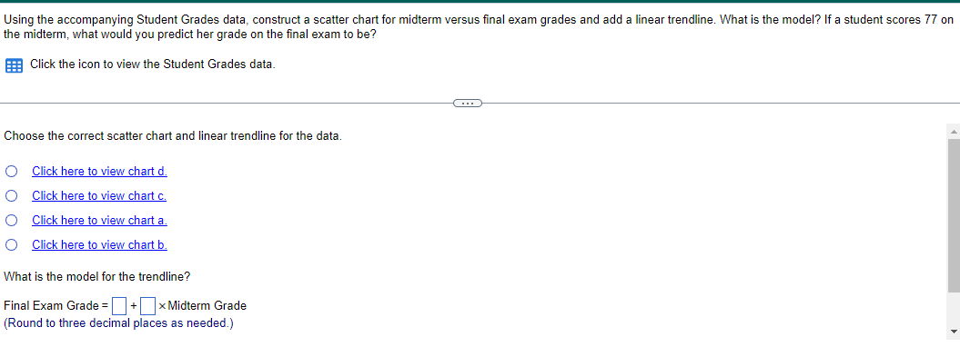 Using the accompanying Student Grades data, construct a scatter chart for midterm
