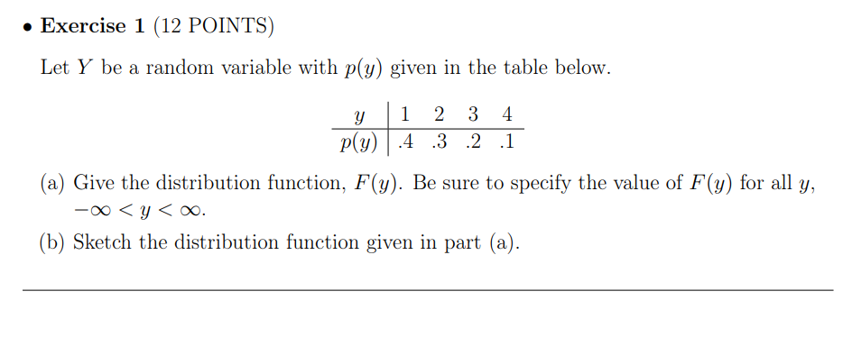 Exercise 1 (12 POINTS) Let Y be a random variable with p(y)