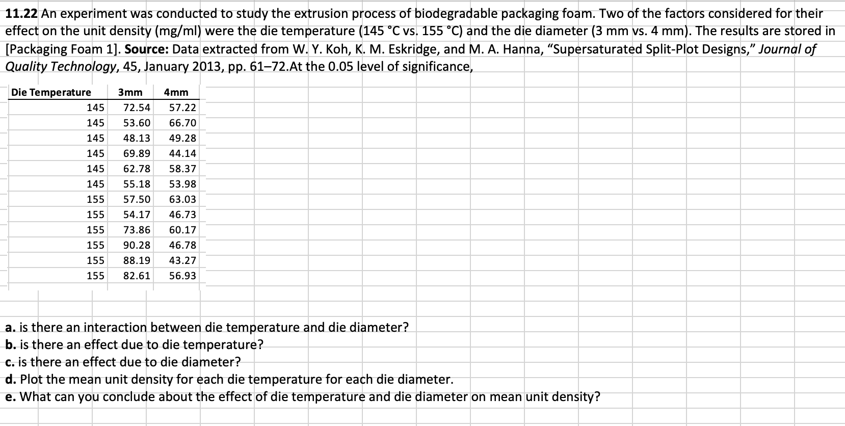 11.22 An experiment was conducted to study the extrusion process of biodegradable