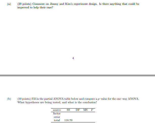 (a) (b) (20 points) Comment on Jimmy and Kim's experiment design. Is