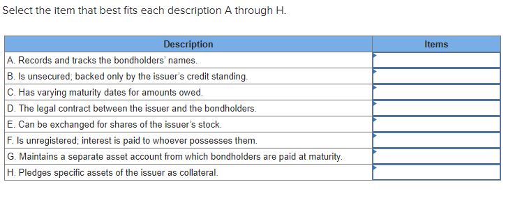 Select the item that best fits each description A through H. Description