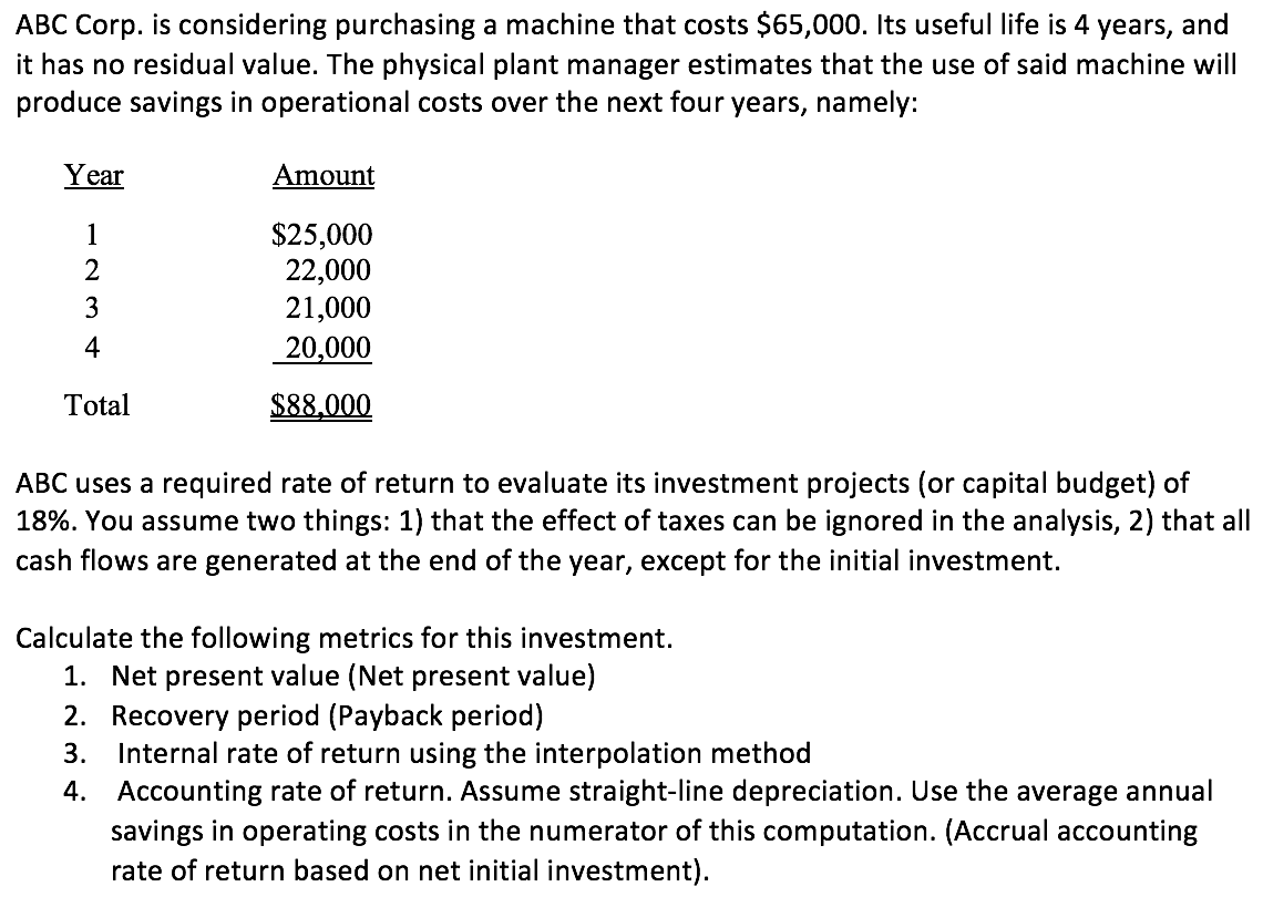 ABC Corp. is considering purchasing a machine that costs $65,000. Its useful