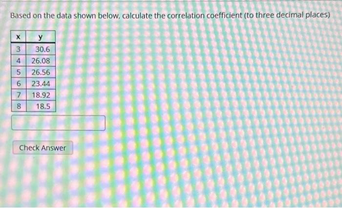 Based on the data shown below, calculate the correlation coefficient (to three