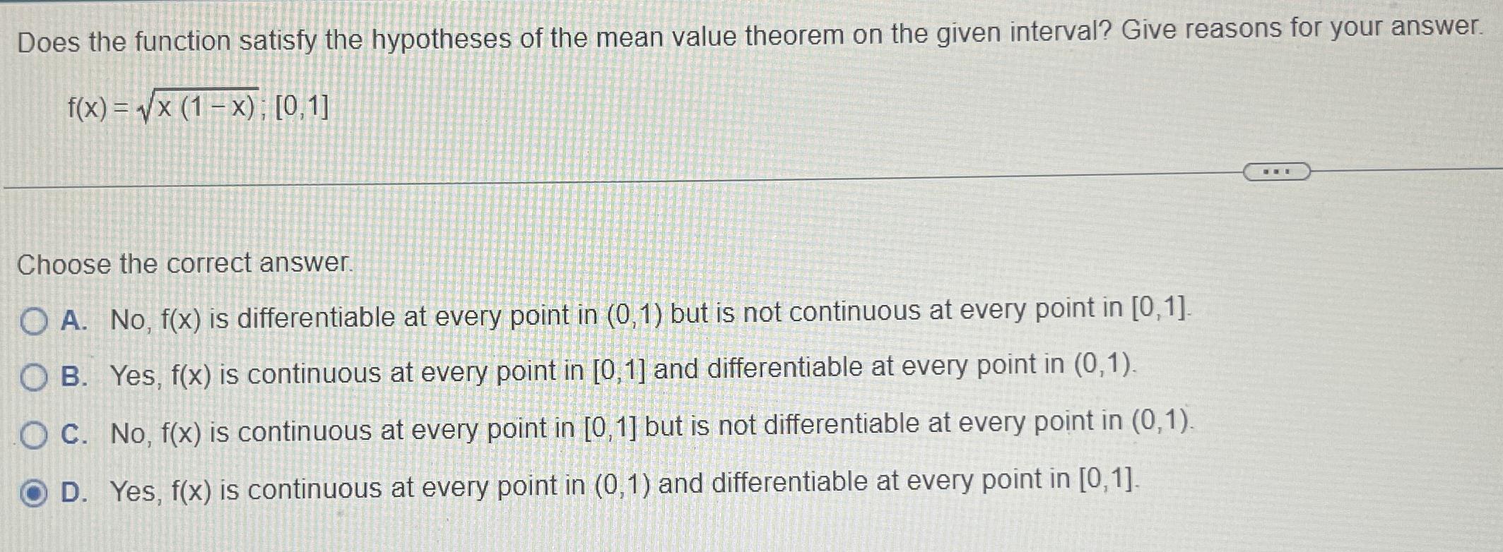 Does the function satisfy the hypotheses of the mean value theorem on
