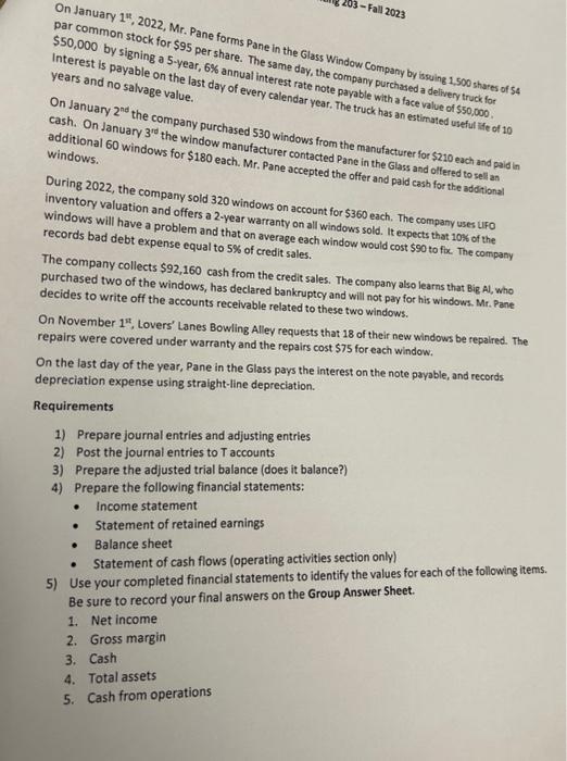 -Fall 2023 On January 1, 2022, Mr. Pane forms Pane in the