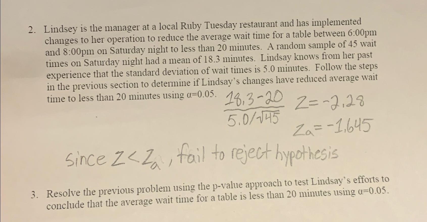 2. Lindsey is the manager at a local Ruby Tuesday restaurant and