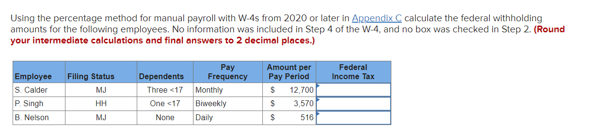 Using the percentage method for manual payroll with W-4s from 2020 or