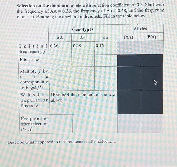 Selection on the dominant allele with selection coefficient s=0.5. Start with the