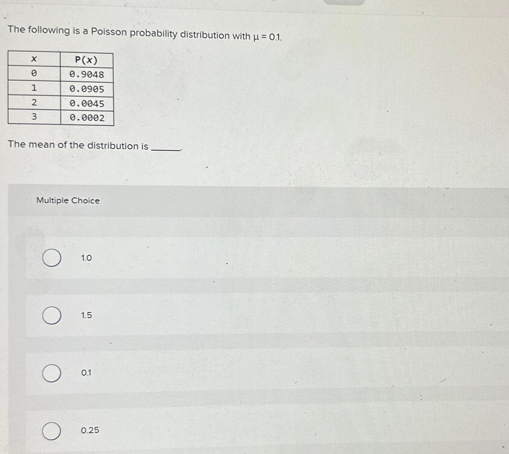 The following is a Poisson probability distribution with = 0.1. X P(x)