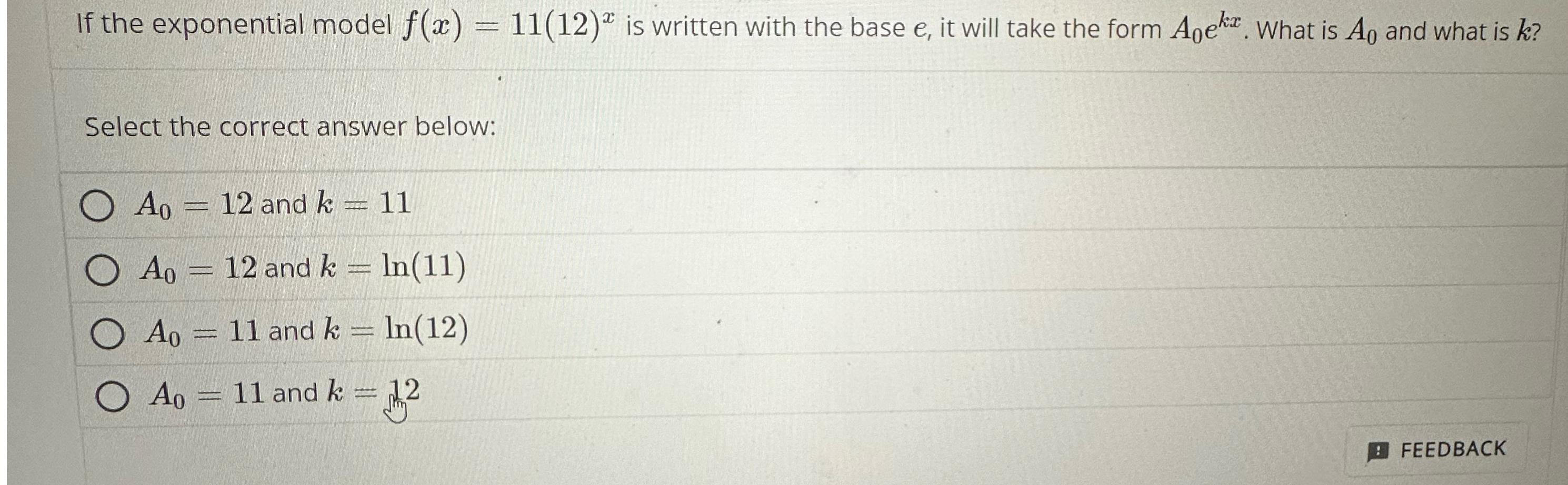 If the exponential model f(x) = 11(12) is written with the base