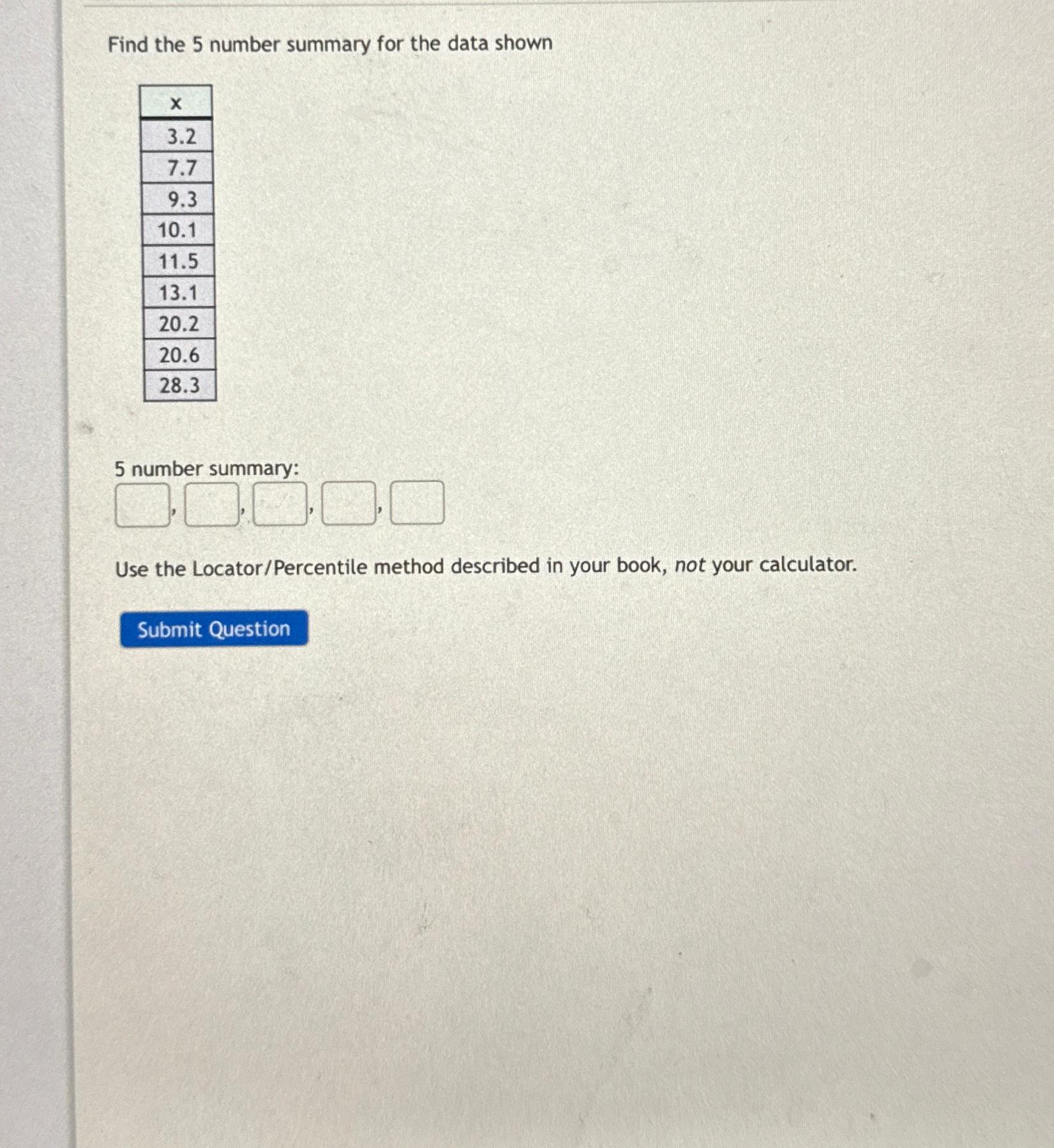 Find the 5 number summary for the data shown X 3.2 7.7